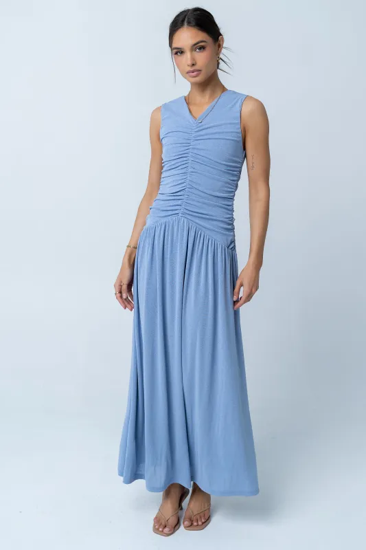 Kandi Ruched Maxi Dress in Blue - FINAL SALE made by bohme