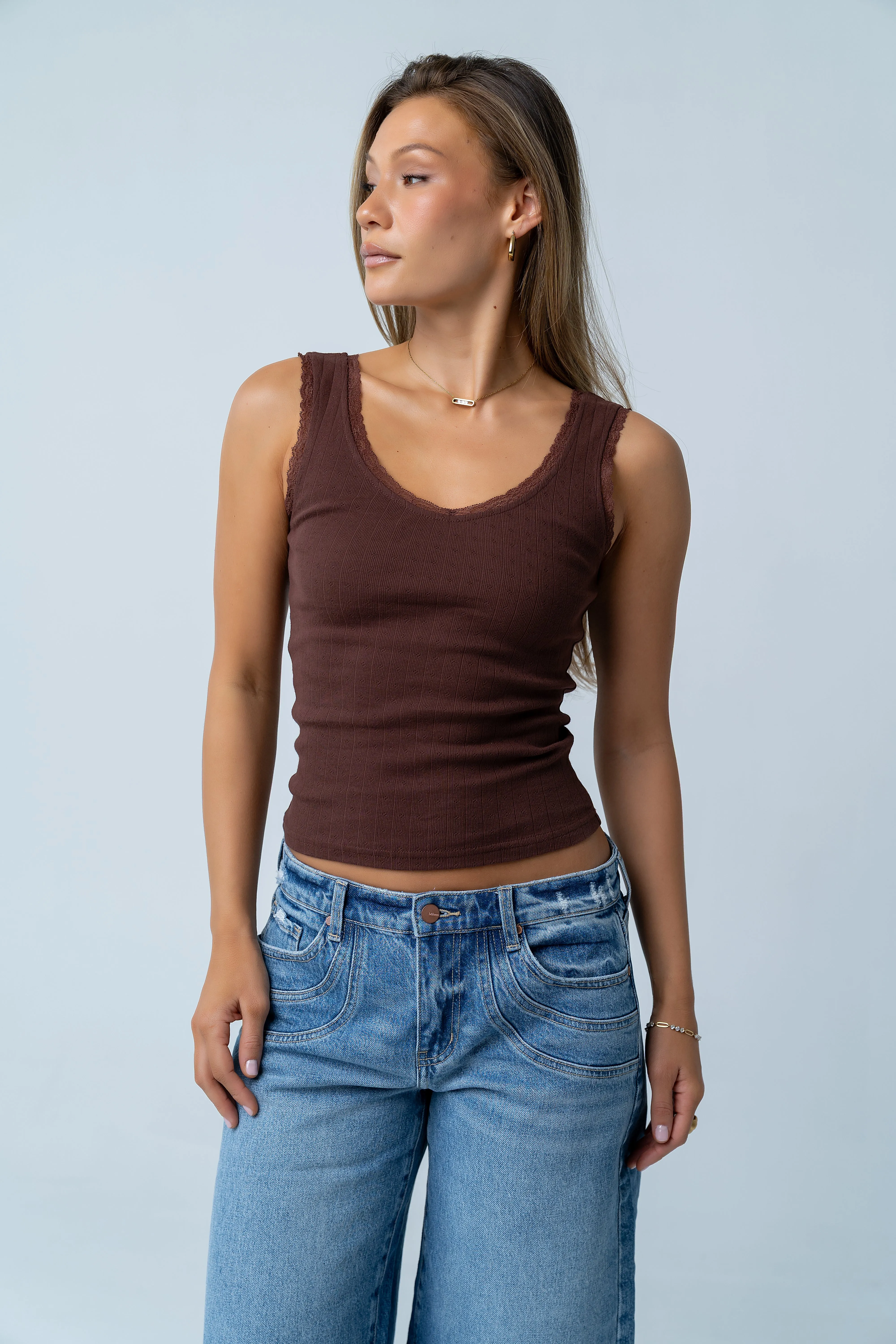 Mackie Lace Trim Tank in Brown sold by bohme product image thumbnail 5