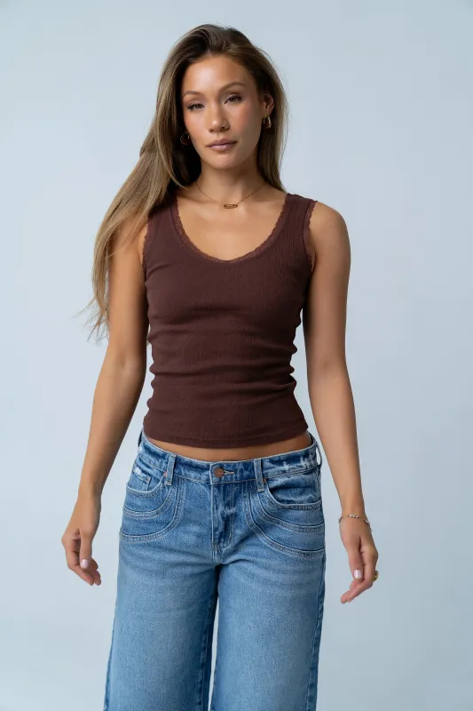 Mackie Lace Trim Tank in Brown made by bohme