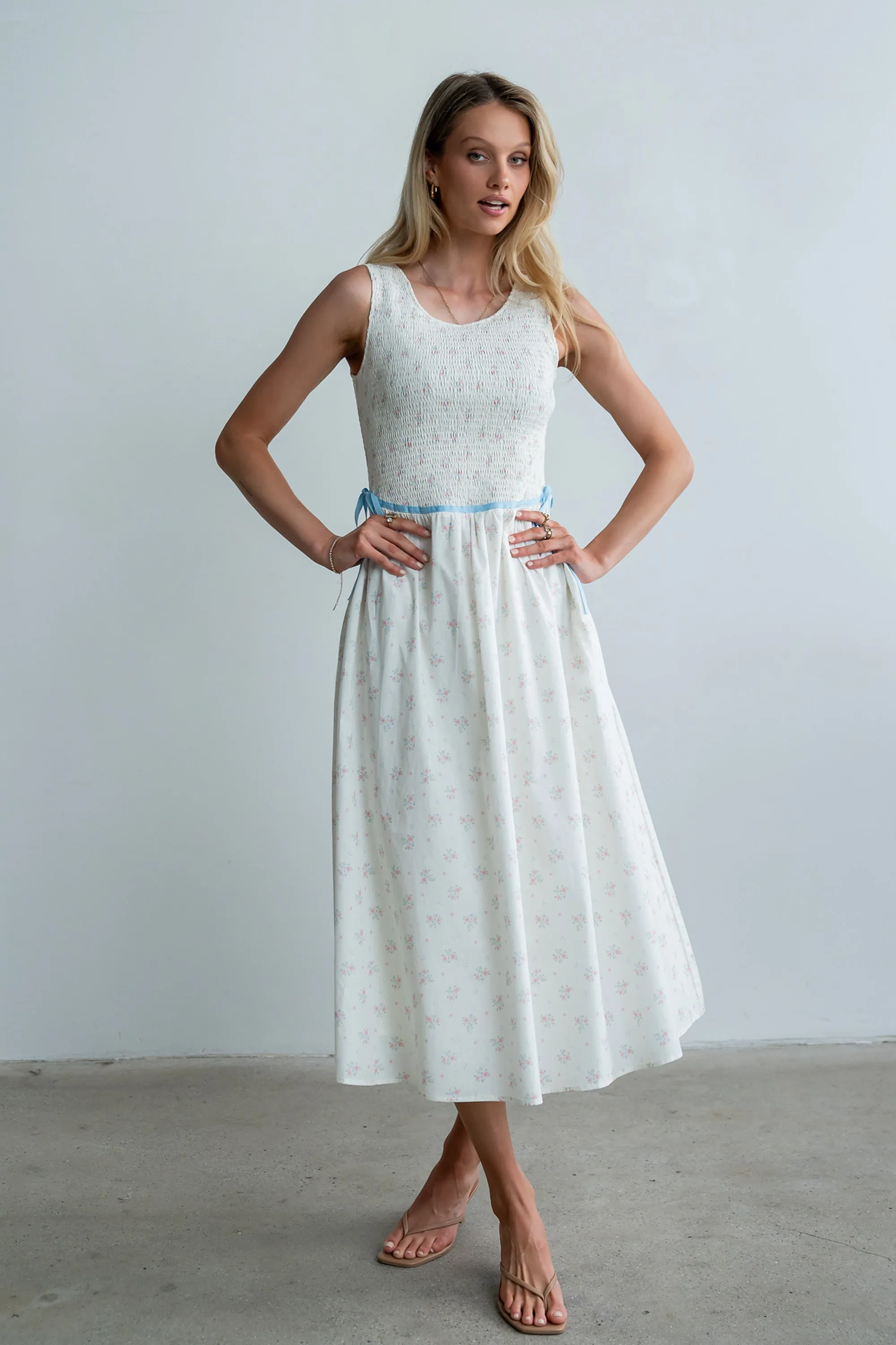 Kammie Smocked Midi Dress in Cream sold by bohme product image thumbnail 4