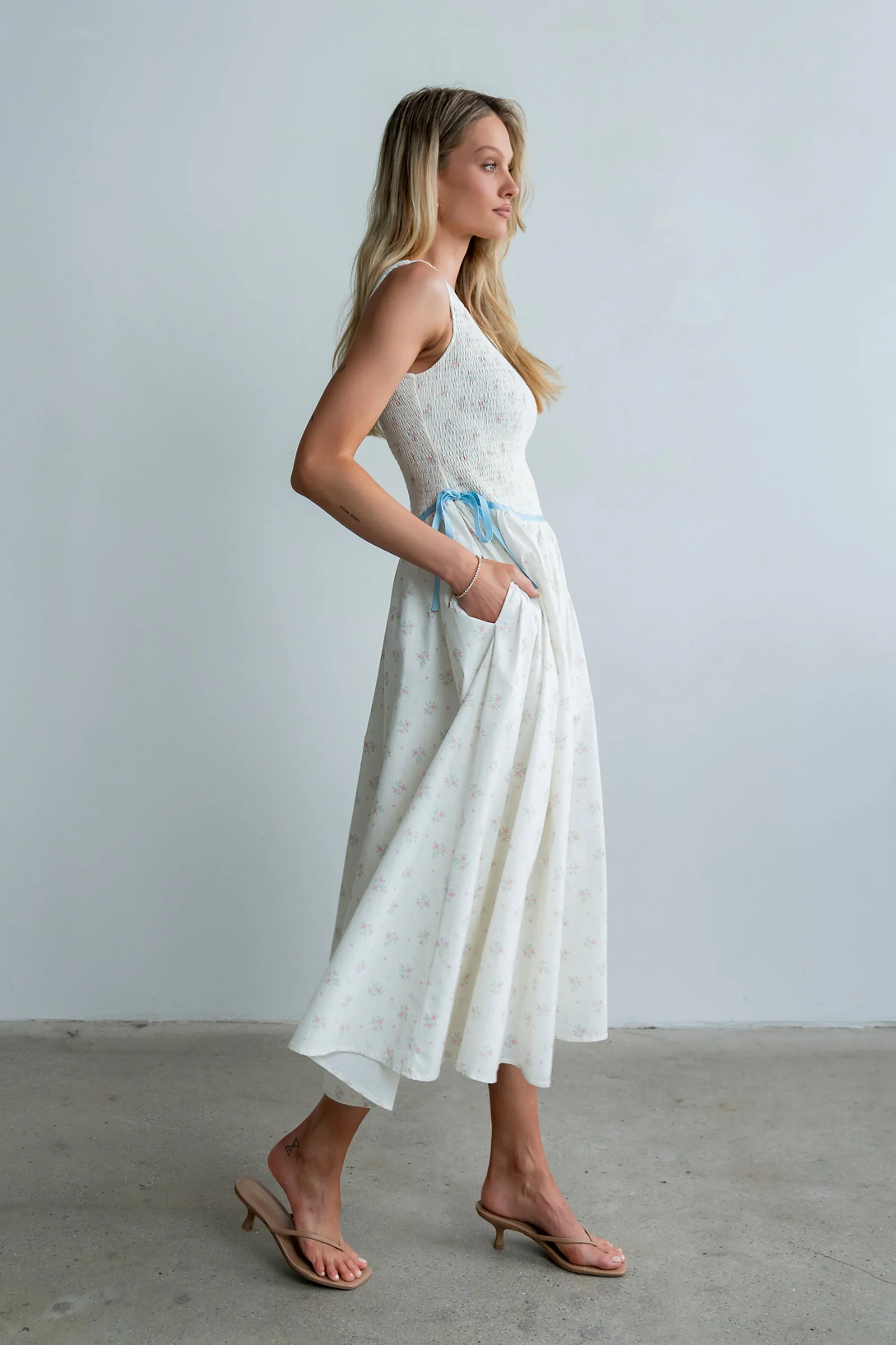 Kammie Smocked Midi Dress in Cream sold by bohme product image thumbnail 3