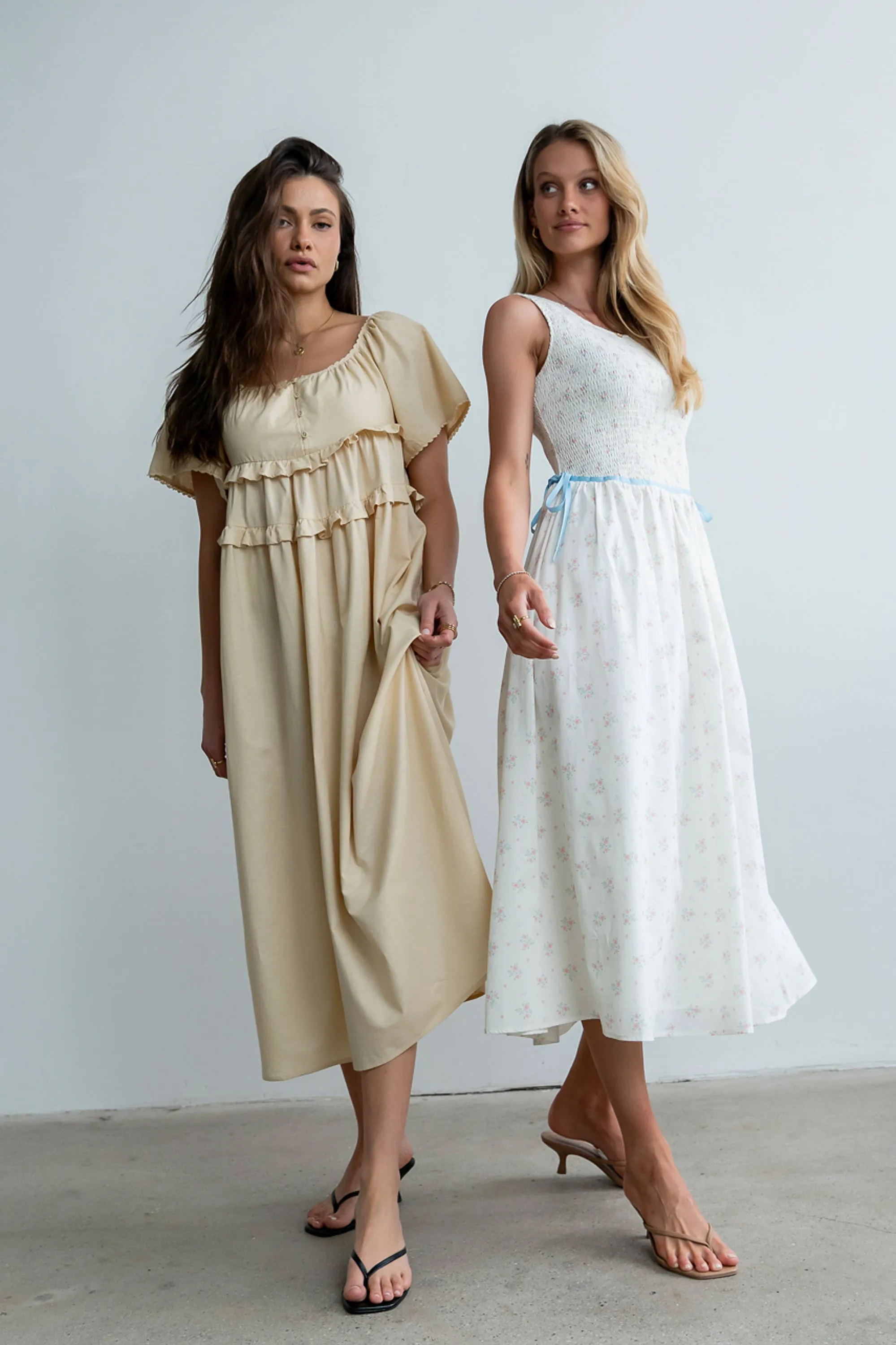 Kammie Smocked Midi Dress in Cream sold by bohme