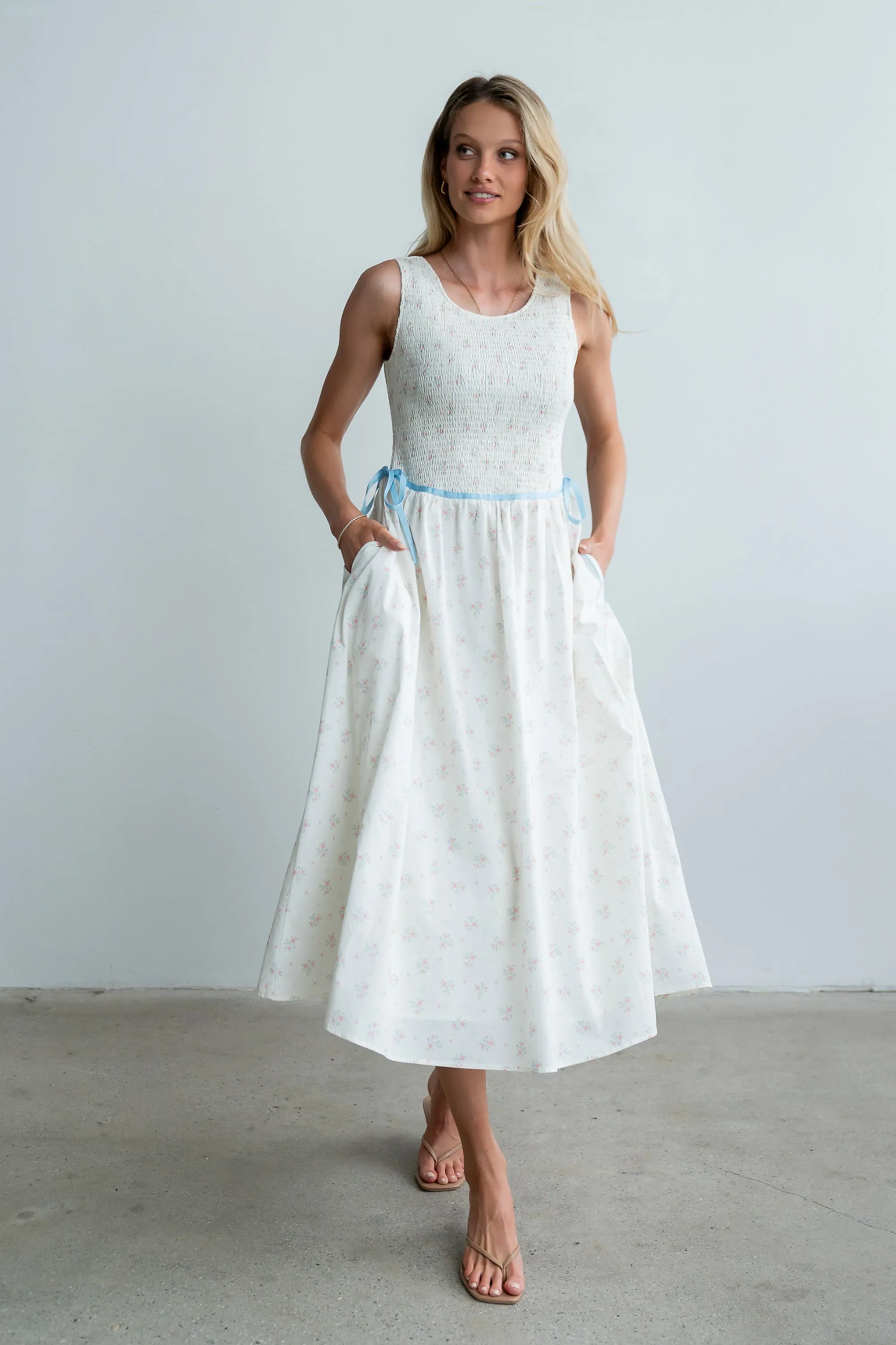 Kammie Smocked Midi Dress in Cream sold by bohme product image thumbnail 2