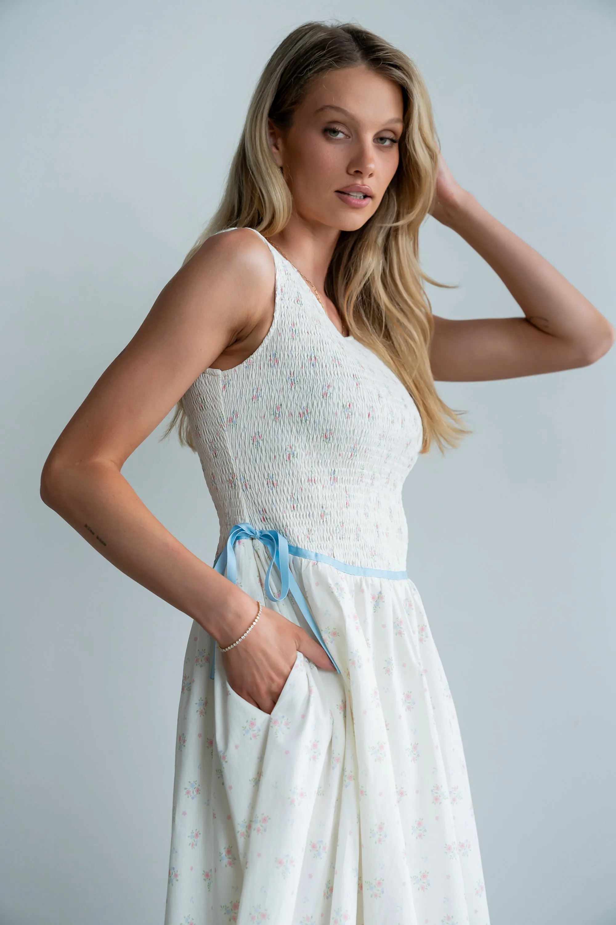 Kammie Smocked Midi Dress in Cream sold by bohme product image thumbnail 5
