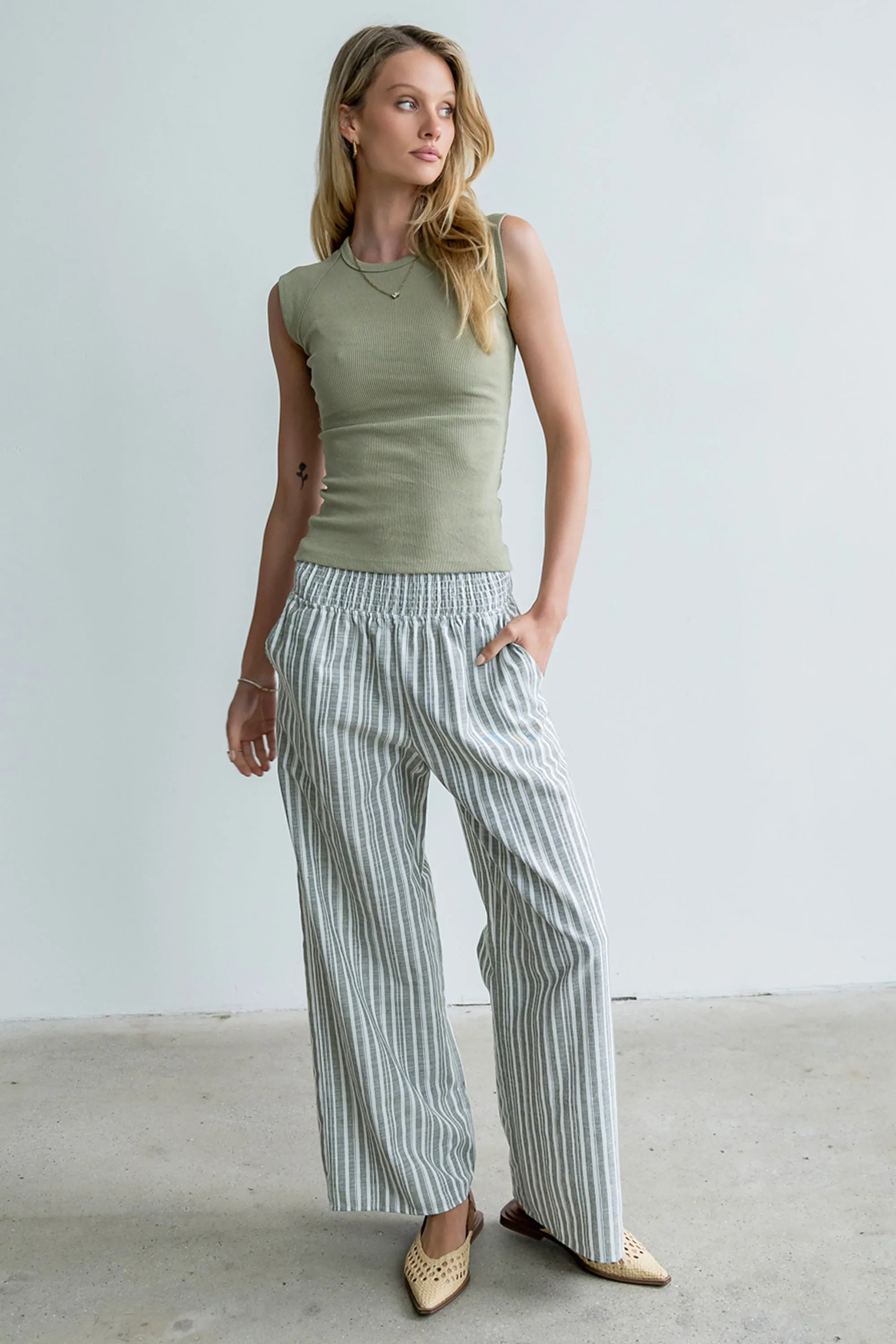 Indiana Striped Pants in Olive sold by bohme