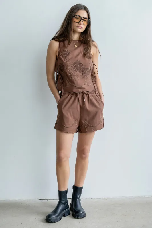 Rudy Embroidered Tank Top in Brown made by bohme