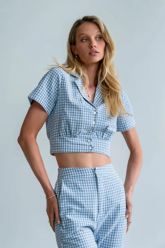 Madie Gingham Button Up in Blue made by bohme