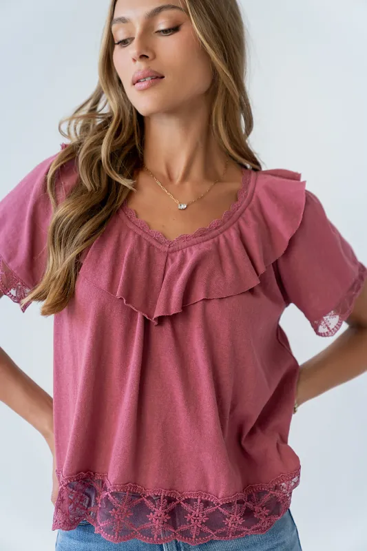 Lilian Lace Trim Top in Berry made by bohme