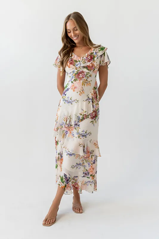 Lauren Ruffle Floral Maxi Dress made by bohme