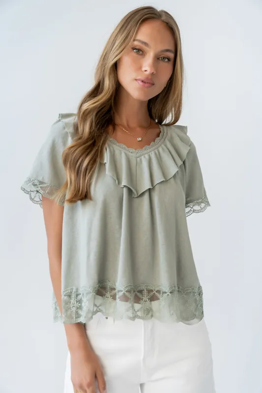 Lilian Lace Trim Top in Sage made by bohme