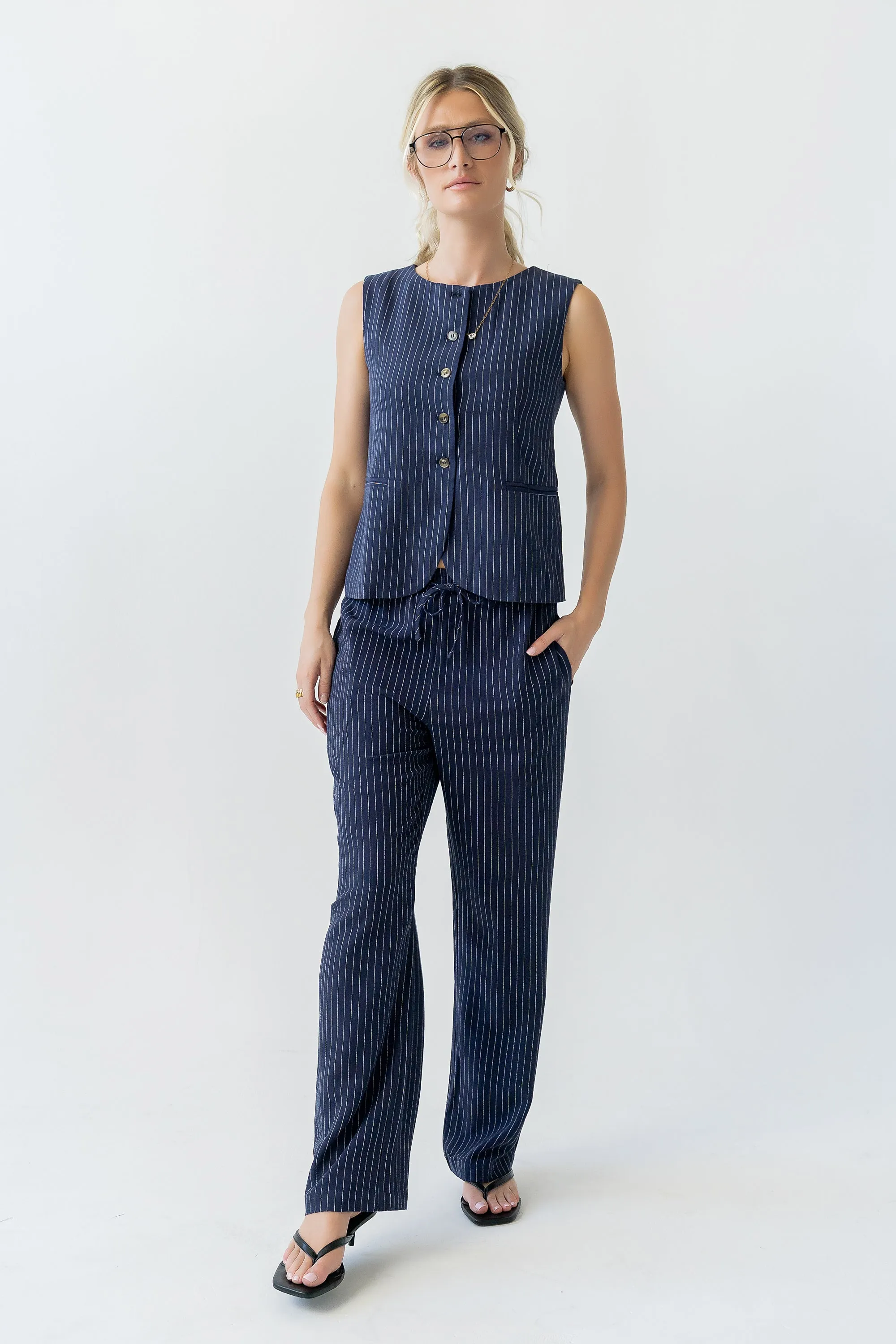 Vivienne Pinstripe Sleeveless Vest in Navy sold by bohme product image thumbnail 2