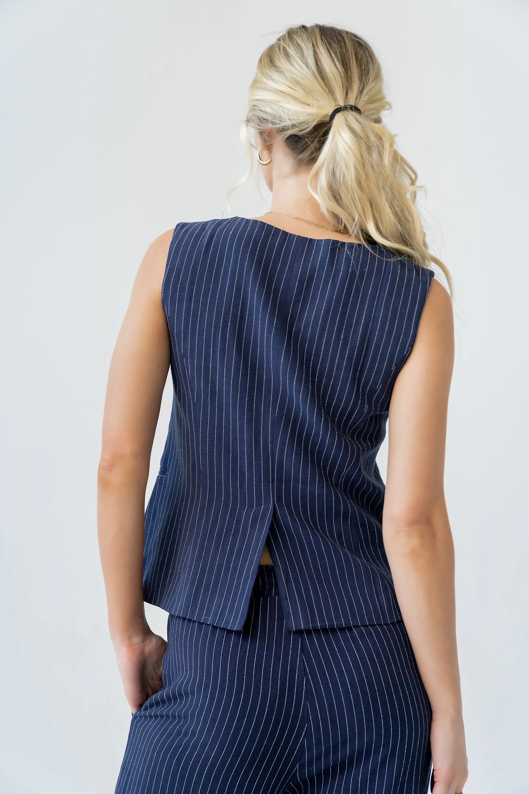 Vivienne Pinstripe Sleeveless Vest in Navy sold by bohme product image thumbnail 5