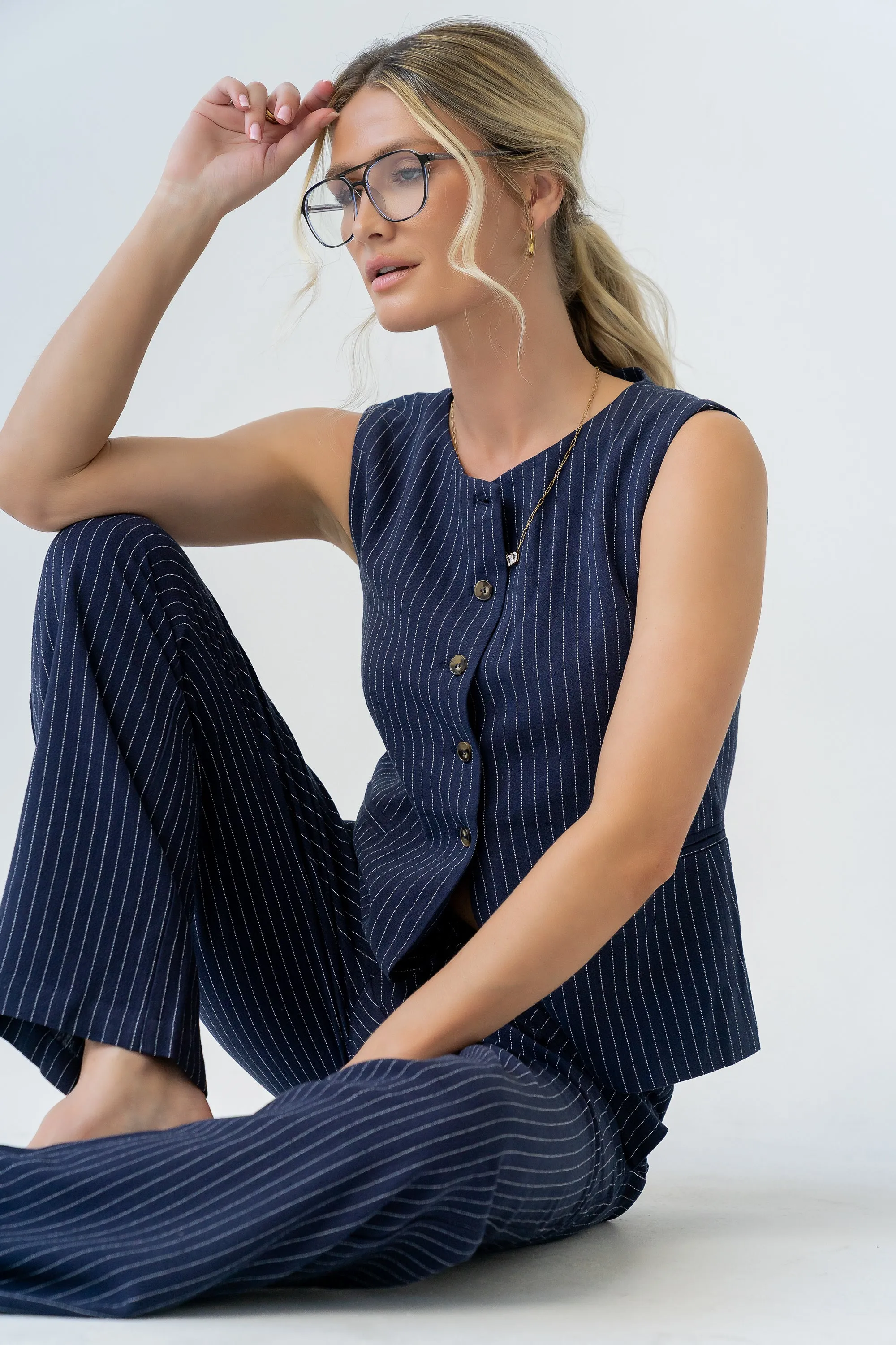 Vivienne Pinstripe Sleeveless Vest in Navy sold by bohme