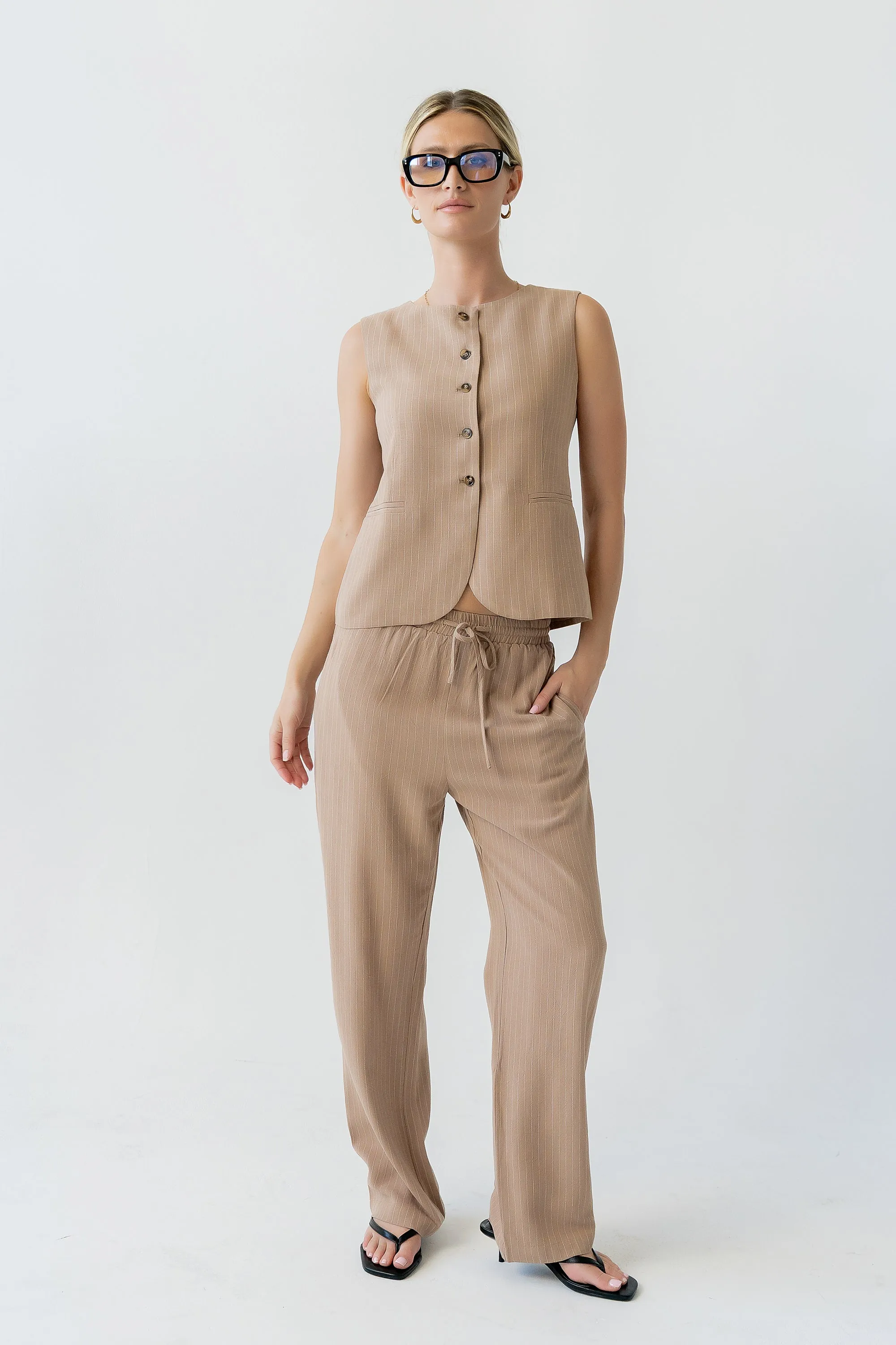 Vivienne Pinstripe Sleeveless Vest in Tan sold by bohme product image thumbnail 4