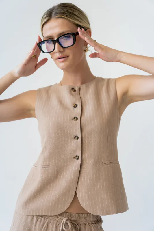 Vivienne Pinstripe Sleeveless Vest in Tan made by bohme