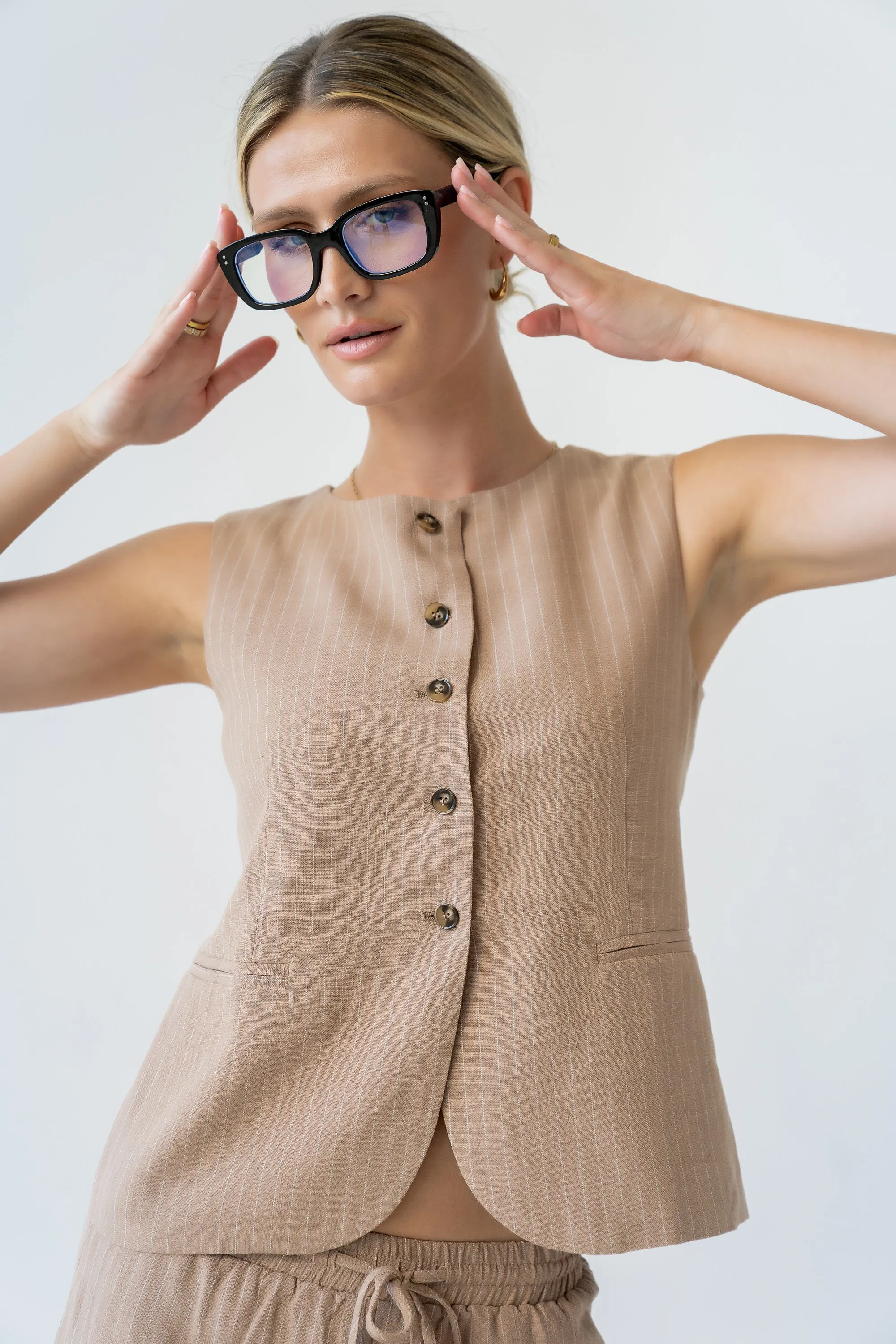 Vivienne Pinstripe Sleeveless Vest in Tan sold by bohme