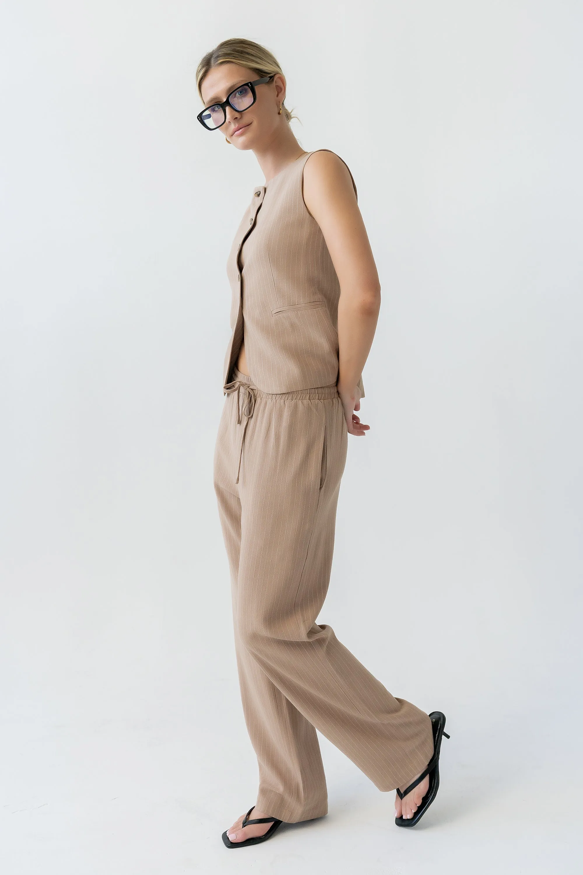 Vivienne Pinstripe Sleeveless Vest in Tan sold by bohme product image thumbnail 5