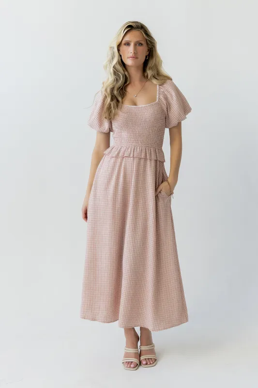Renley Plaid Midi Dress in Clay made by bohme