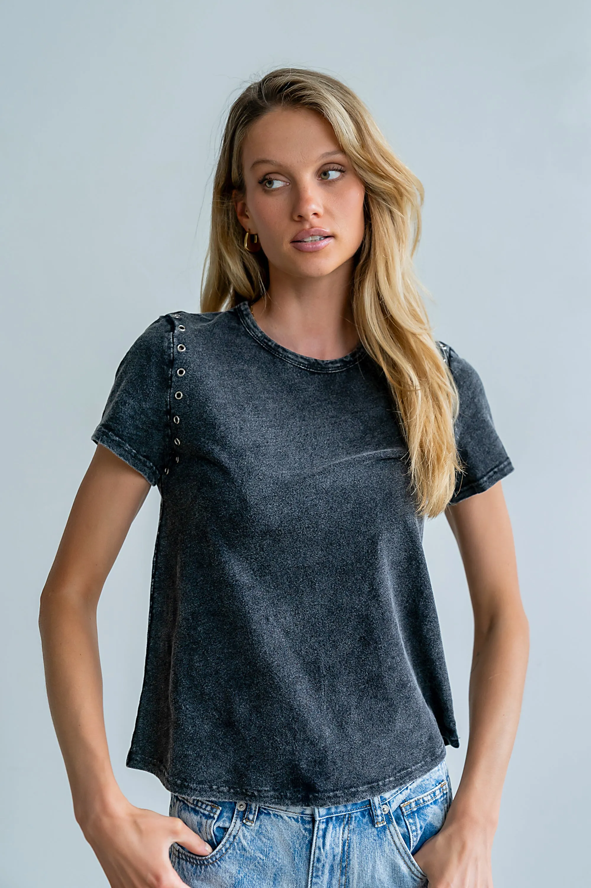 Genesis Grommet Top in Charcoal sold by bohme