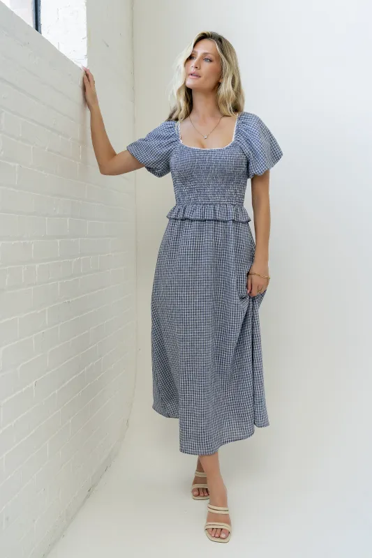 Renley Plaid Midi Dress in Navy made by bohme