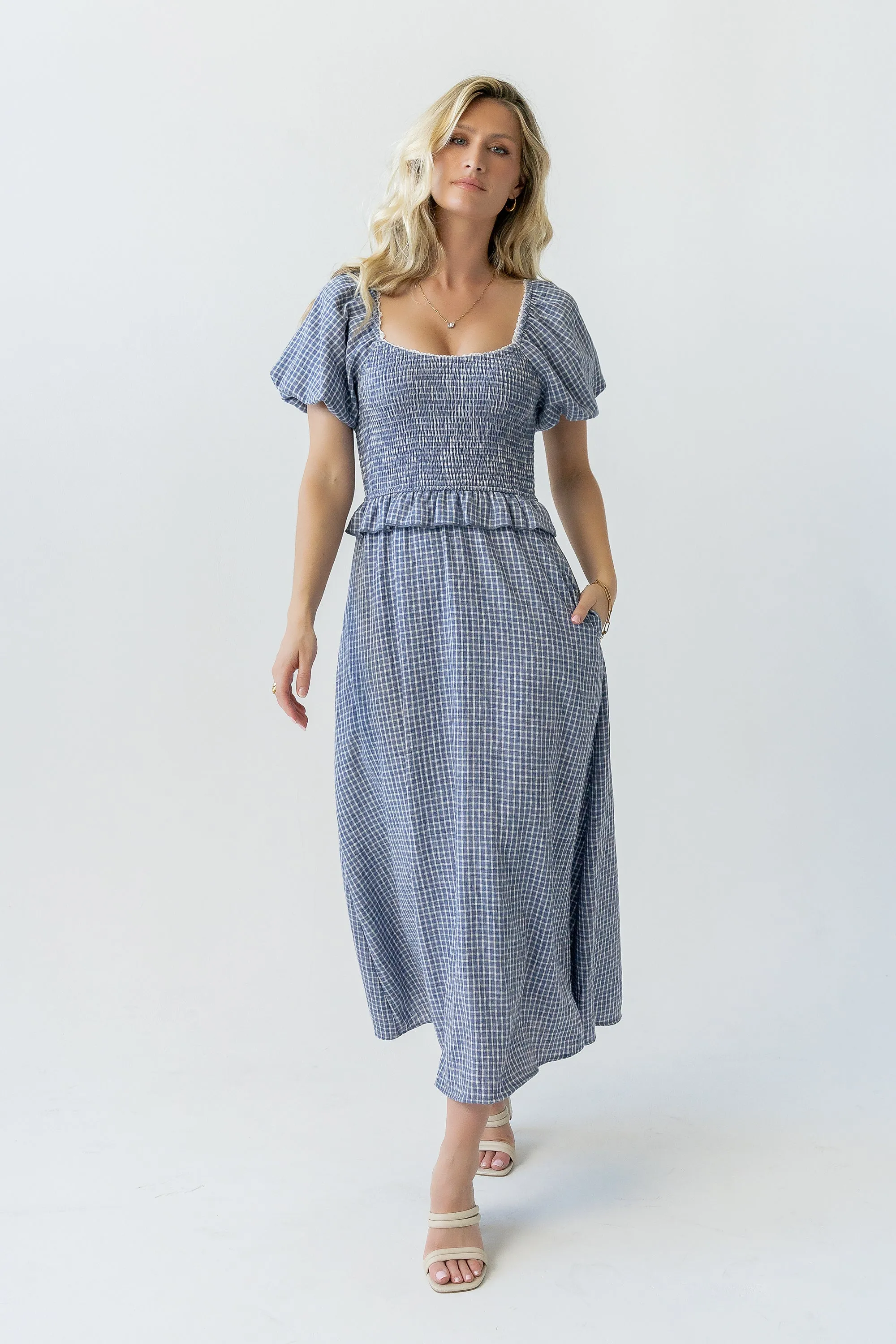 Renley Plaid Midi Dress in Navy sold by bohme product image thumbnail 5