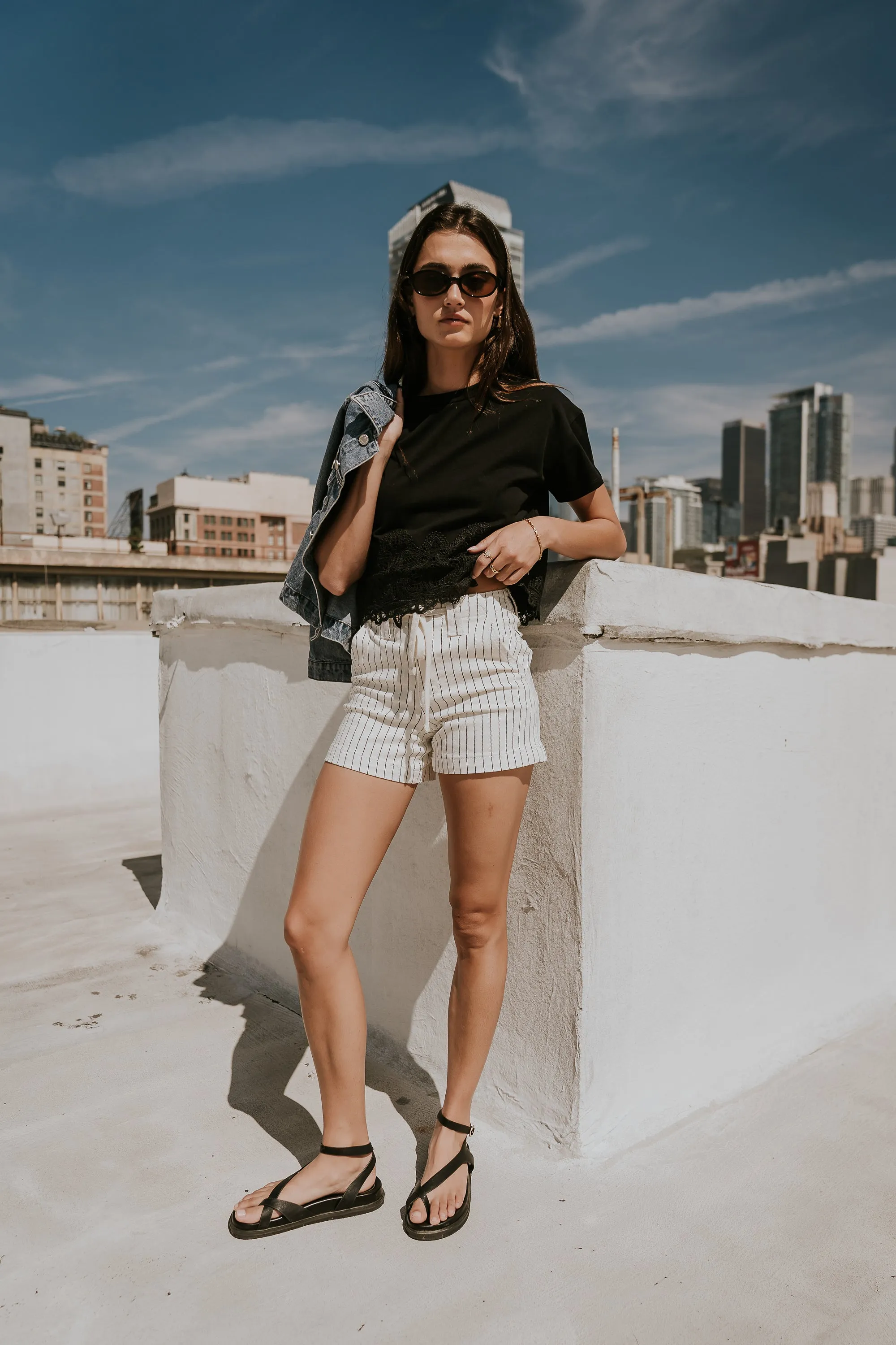 Beckie Striped Denim Shorts in Ivory sold by bohme