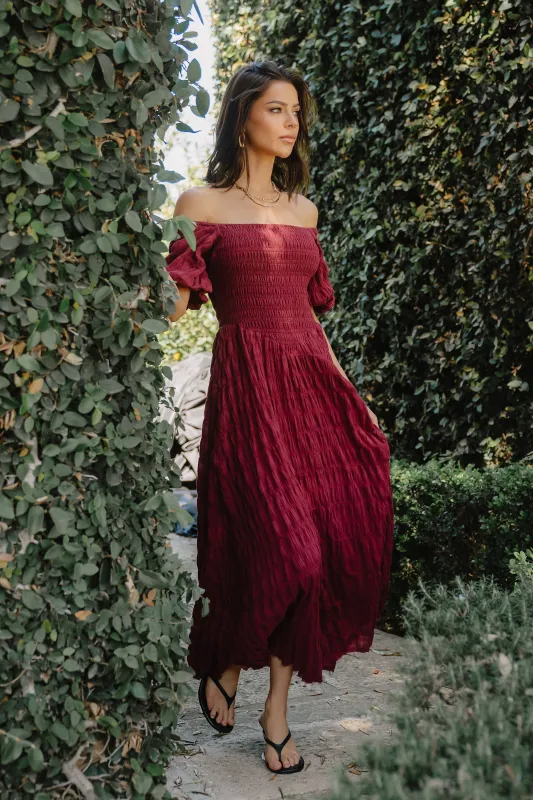 Beckie Smocked Maxi Dress in Burgundy made by bohme