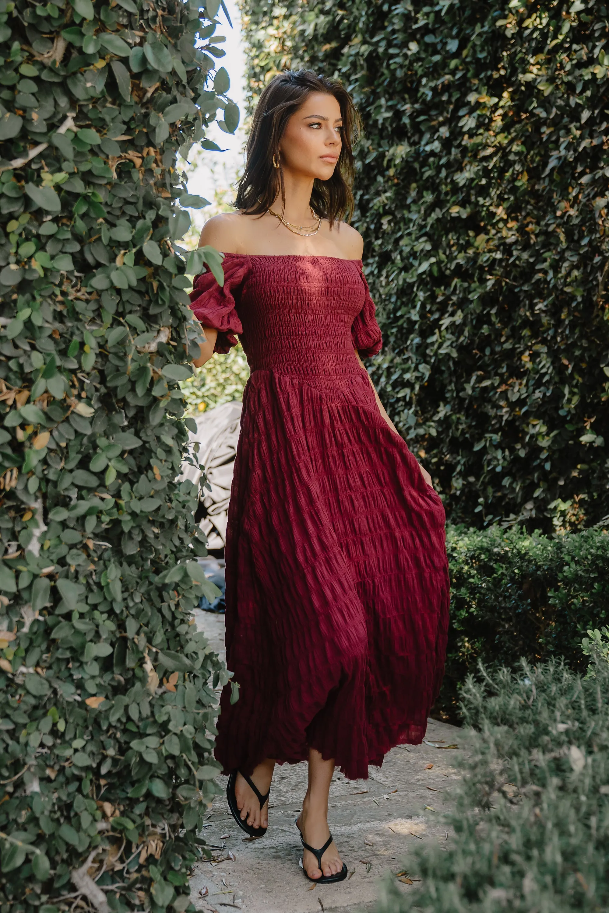 Beckie Smocked Maxi Dress in Burgundy sold by bohme