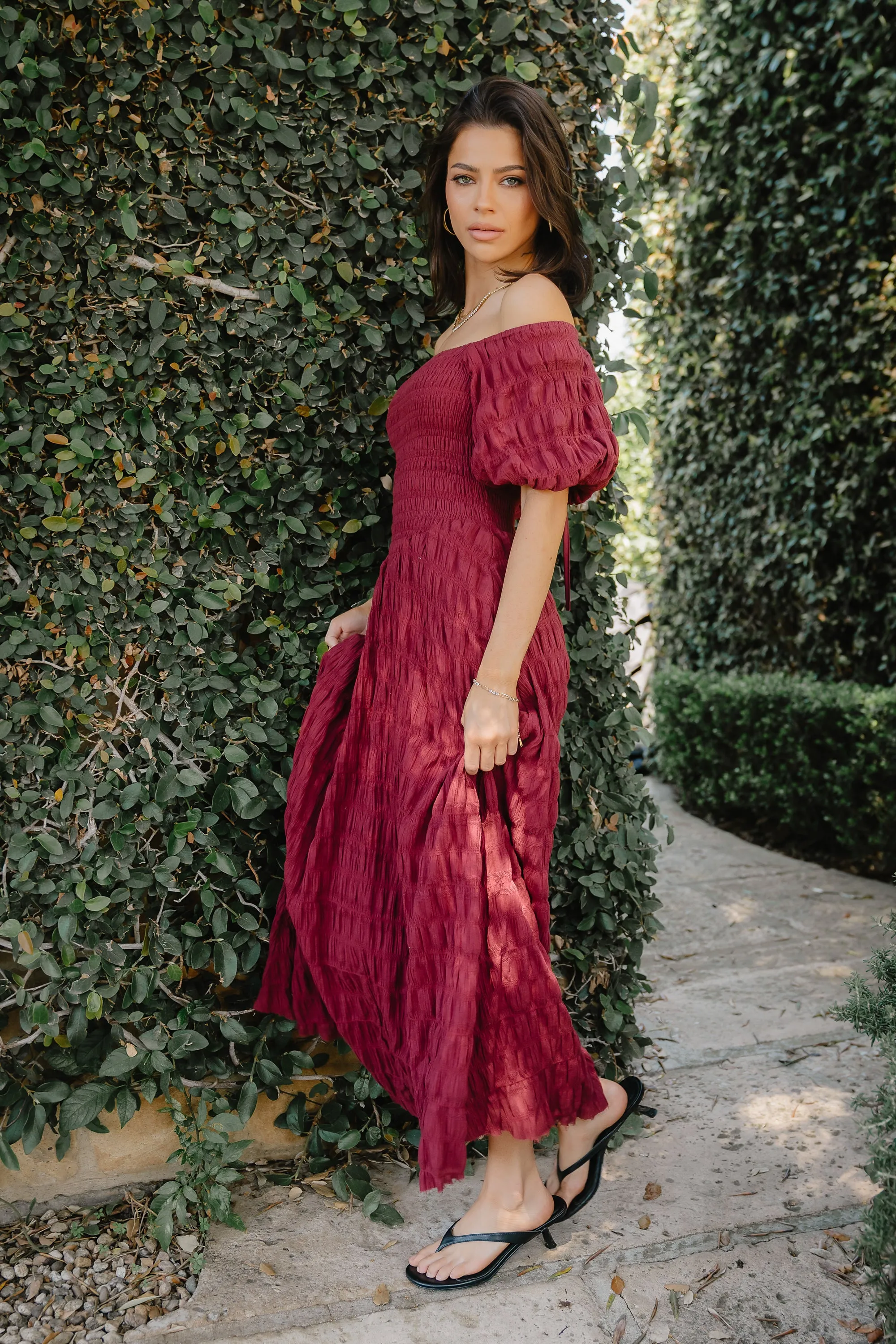Beckie Smocked Maxi Dress in Burgundy sold by bohme product image thumbnail 4