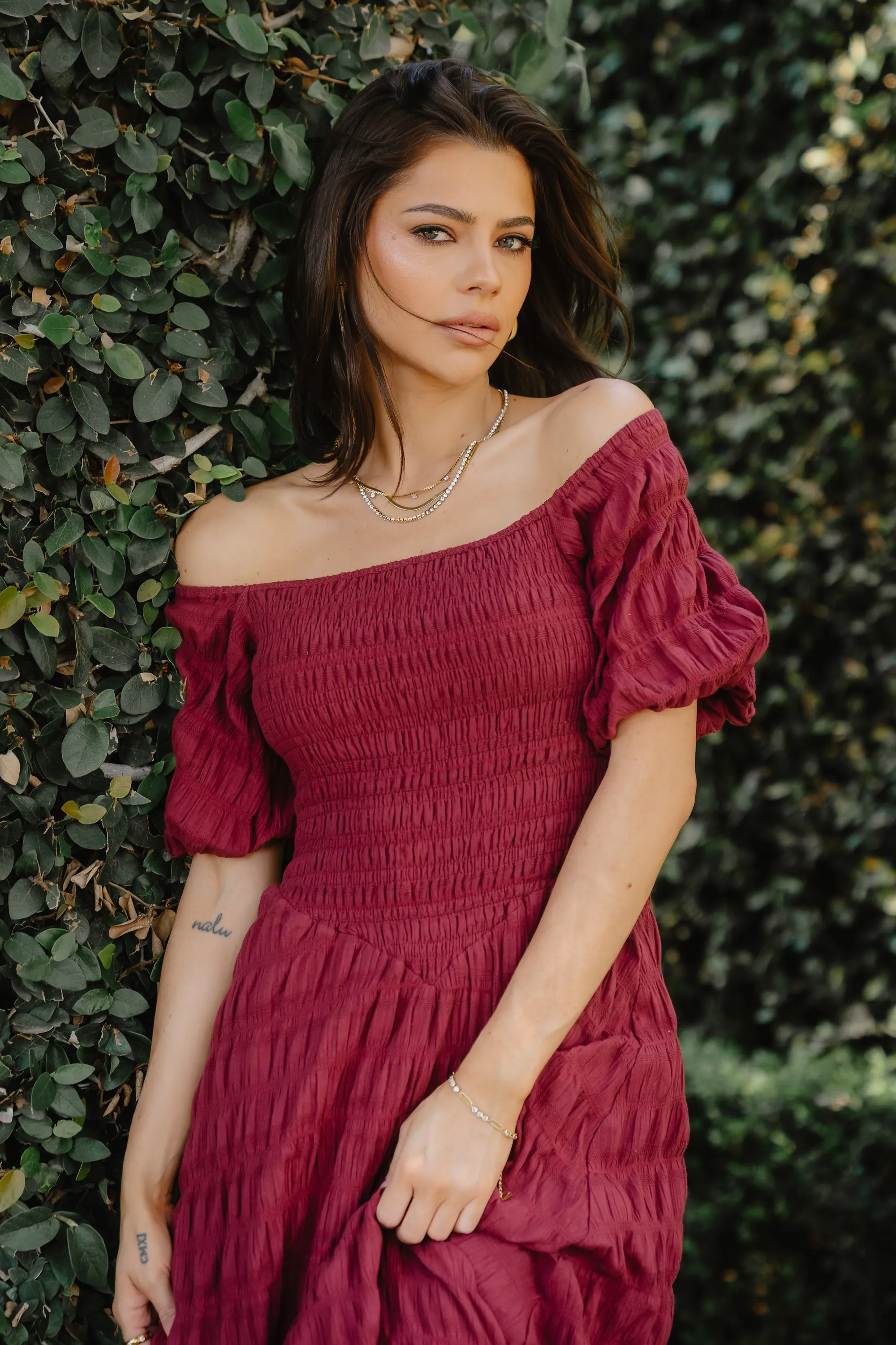 Beckie Smocked Maxi Dress in Burgundy sold by bohme product image thumbnail 2