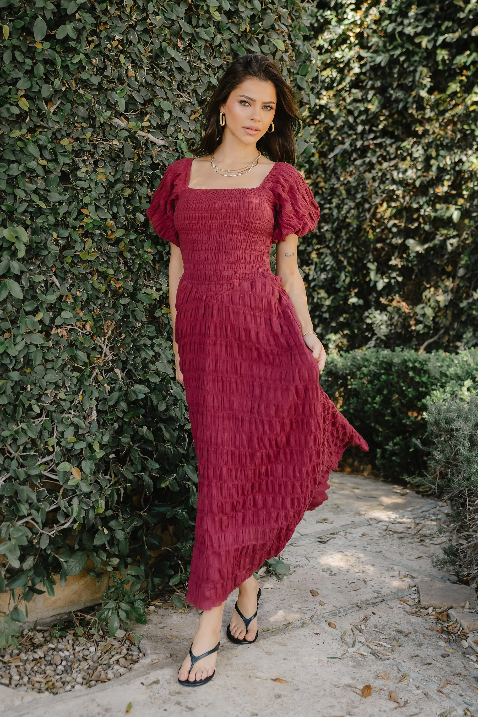 Beckie Smocked Maxi Dress in Burgundy sold by bohme product image thumbnail 5