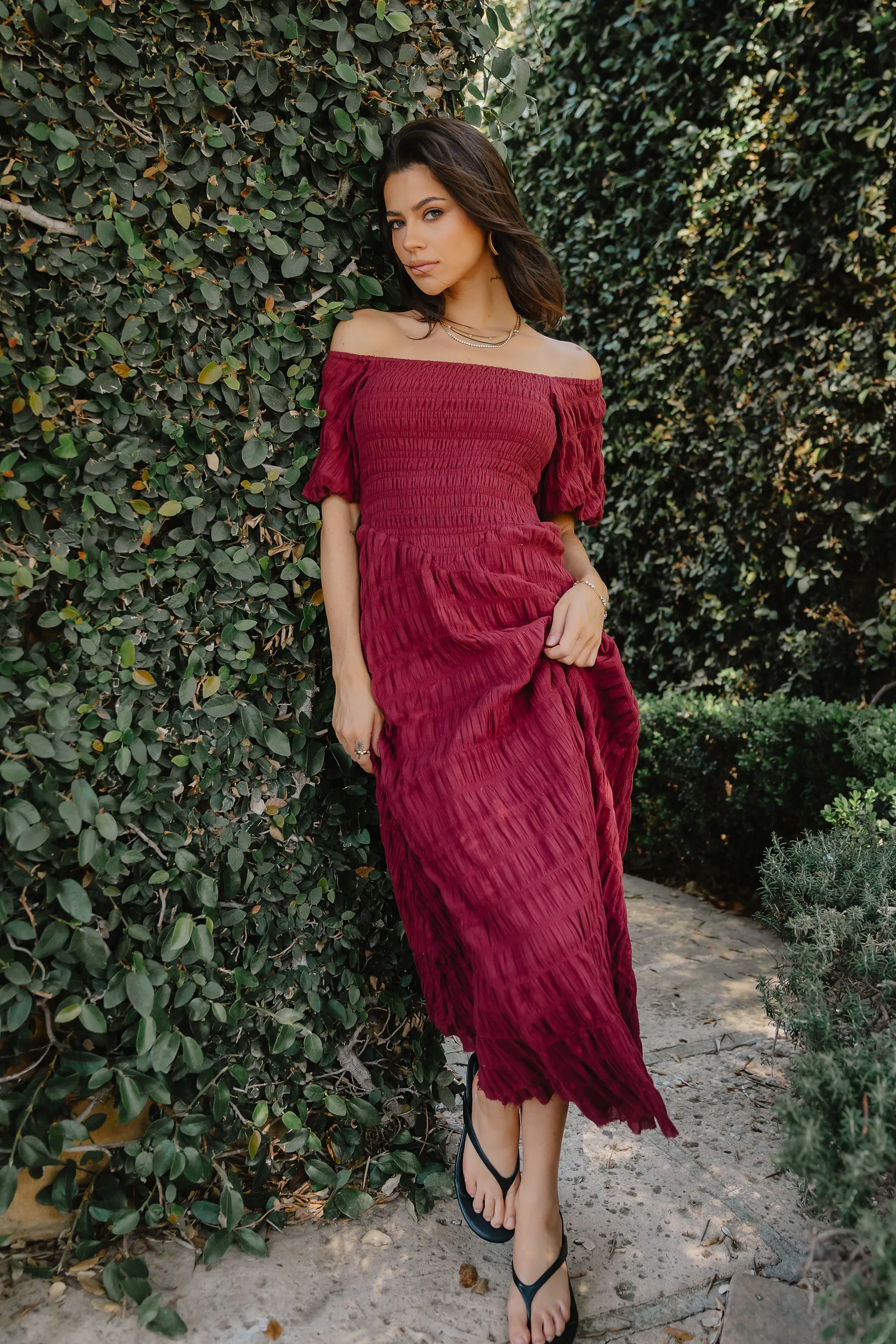 Beckie Smocked Maxi Dress in Burgundy sold by bohme product image thumbnail 3