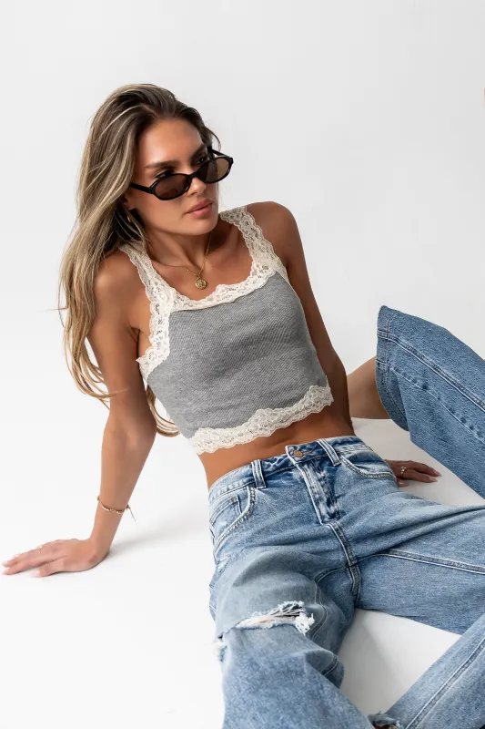 Haiden Lace Trim Tank in Grey made by bohme
