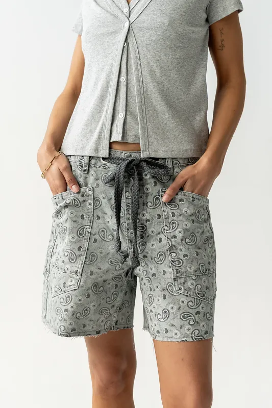 Finneas Denim Shorts in Grey Paisley made by bohme