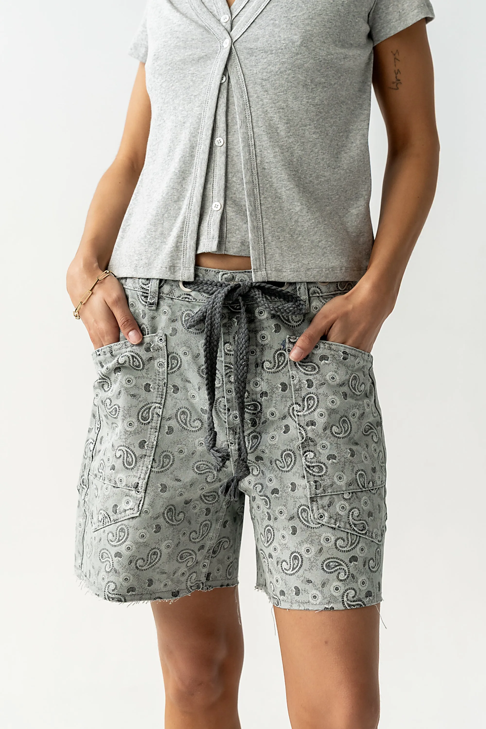 Finneas Denim Shorts in Grey Paisley sold by bohme