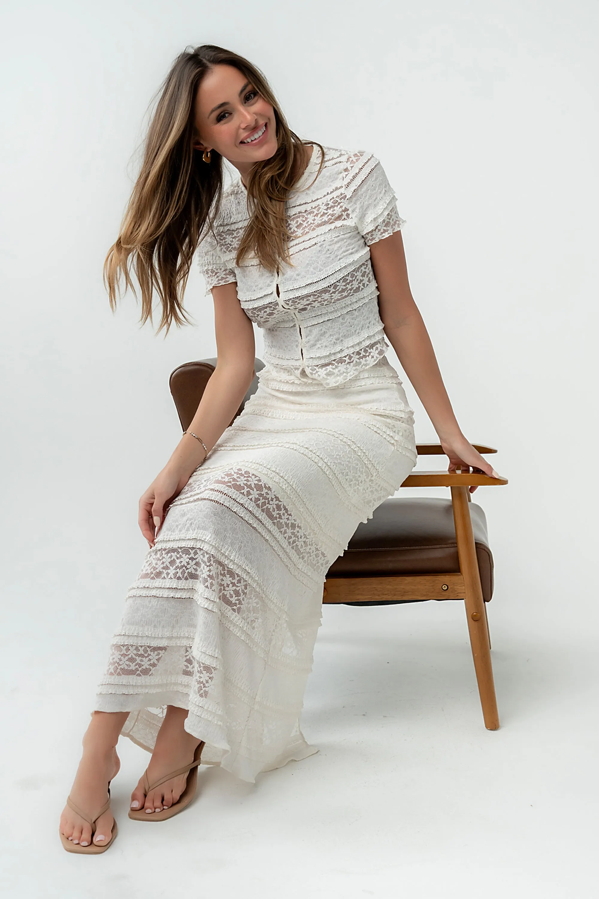 Lexie Lace Midi Skirt in Cream sold by bohme