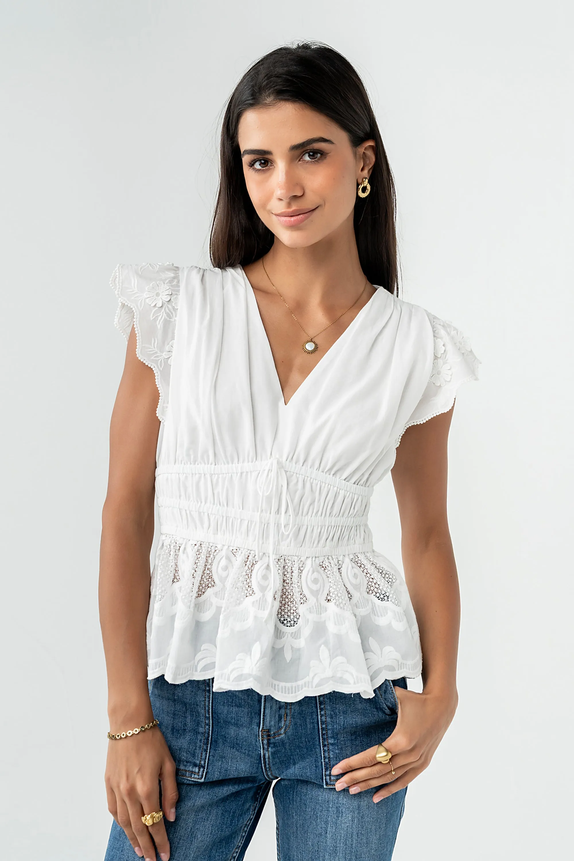 Kadie Embroidered Blouse in White sold by bohme