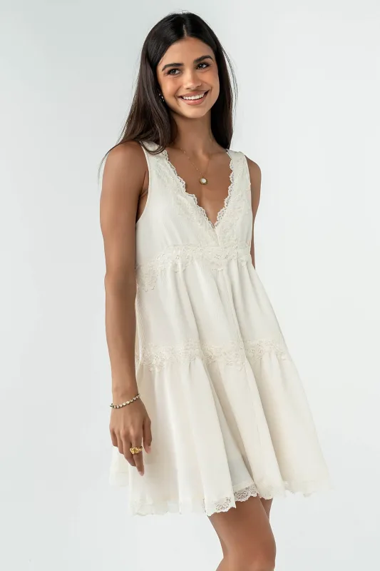 Quinny Lace Trim Mini Dress in Cream made by bohme