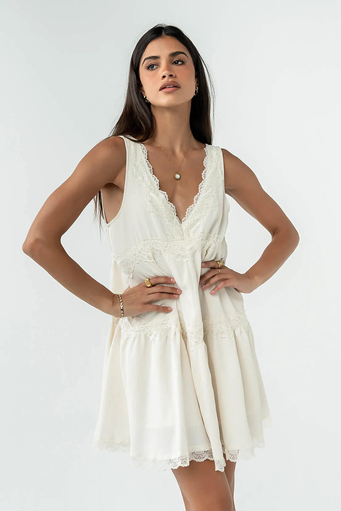 Quinny Lace Trim Mini Dress in Cream sold by bohme product image thumbnail 5