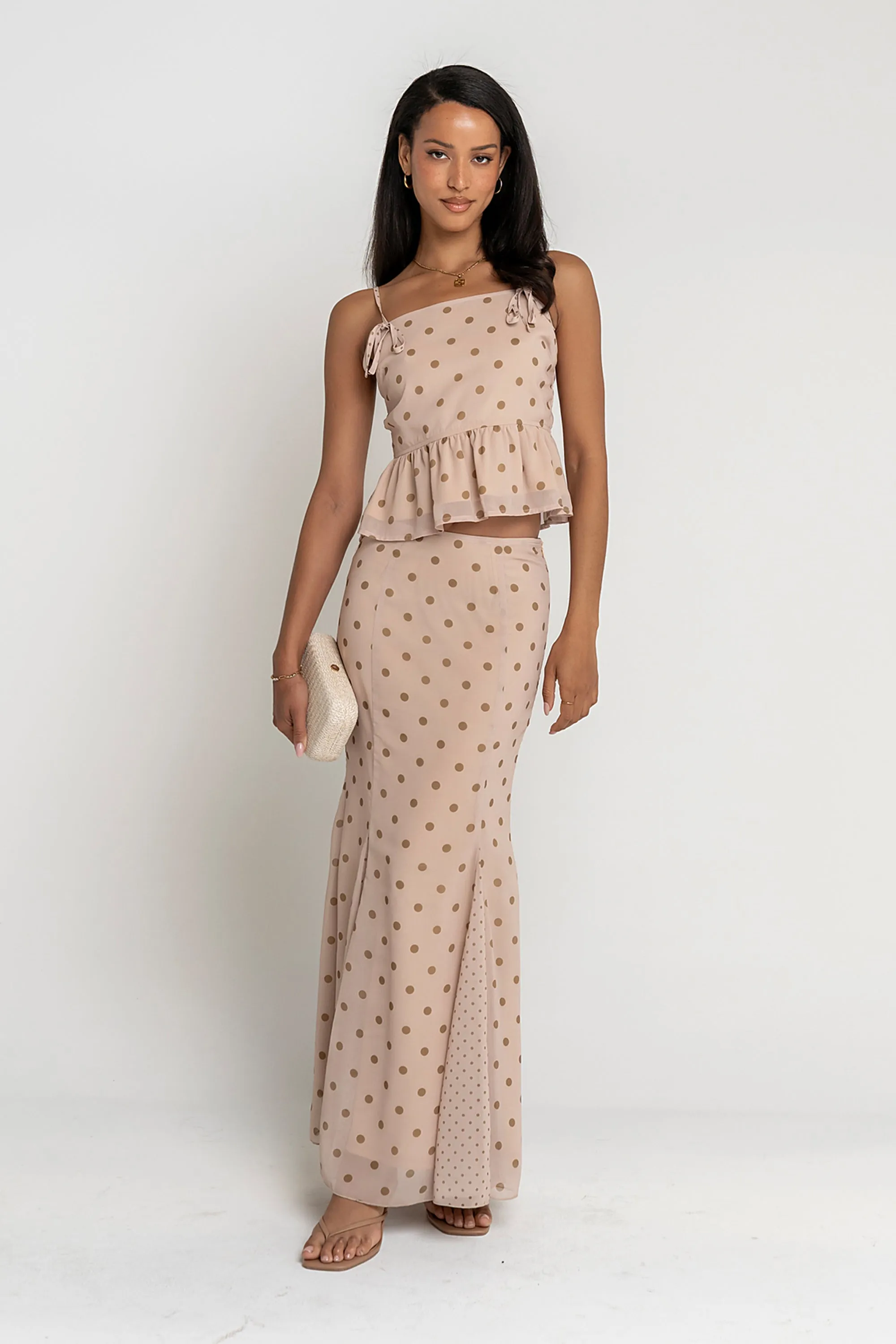 Freida Polka Dot Maxi Skirt in Taupe sold by bohme product image thumbnail 4