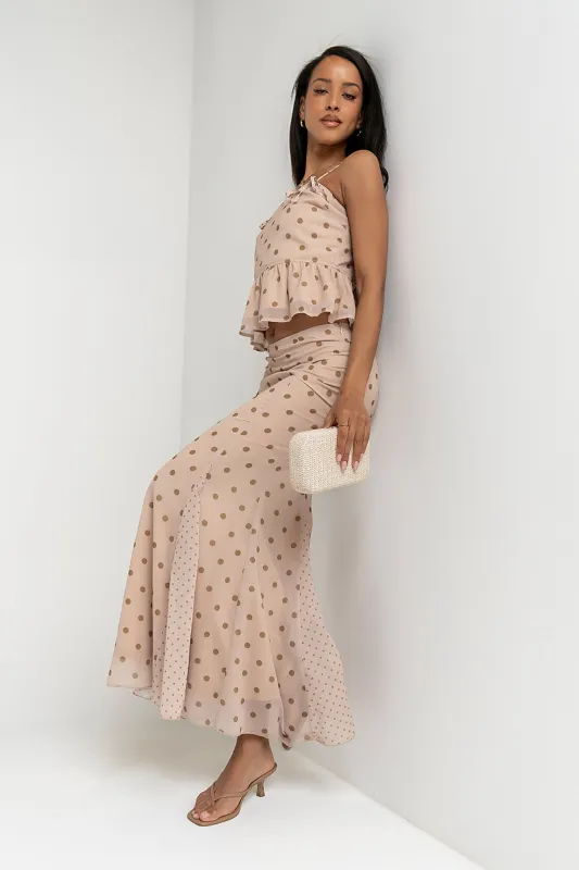 Freida Polka Dot Maxi Skirt in Taupe made by bohme