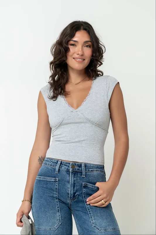 Kinzey Lace Trim Top in Heather Grey made by bohme