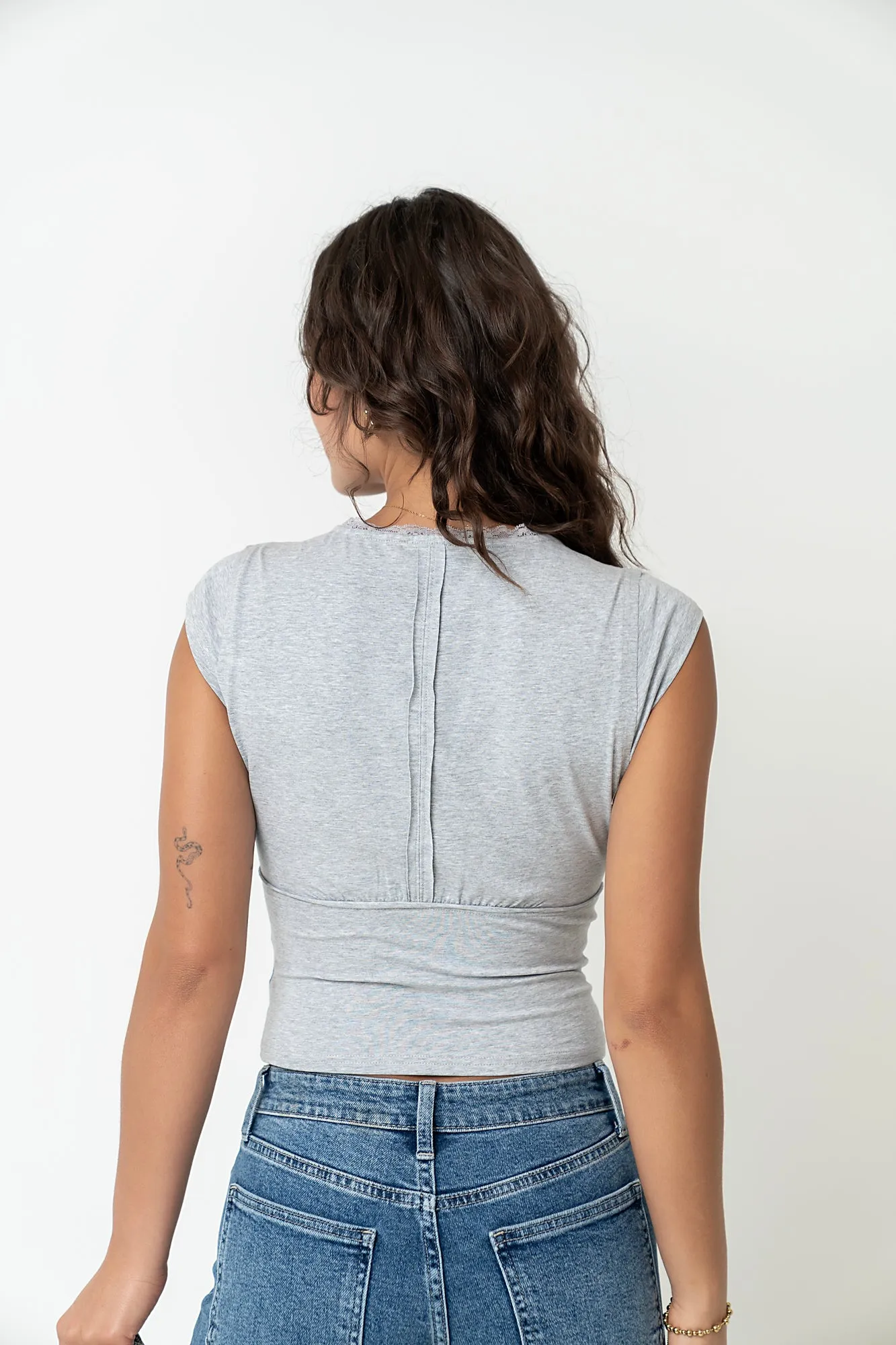 Kinzey Lace Trim Top in Heather Grey sold by bohme product image thumbnail 5