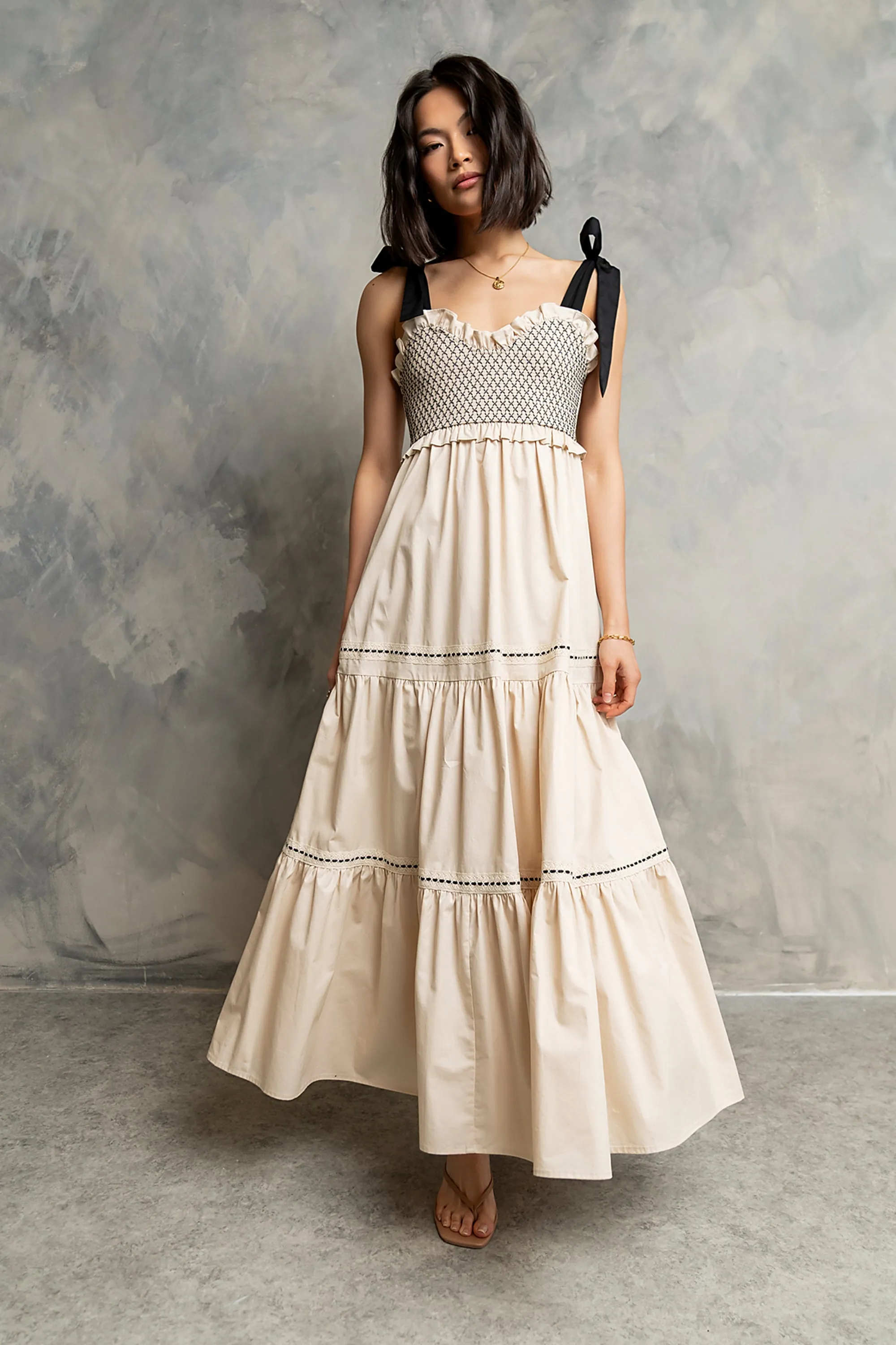 Mollie Tiered Maxi Dress in Ivory sold by bohme