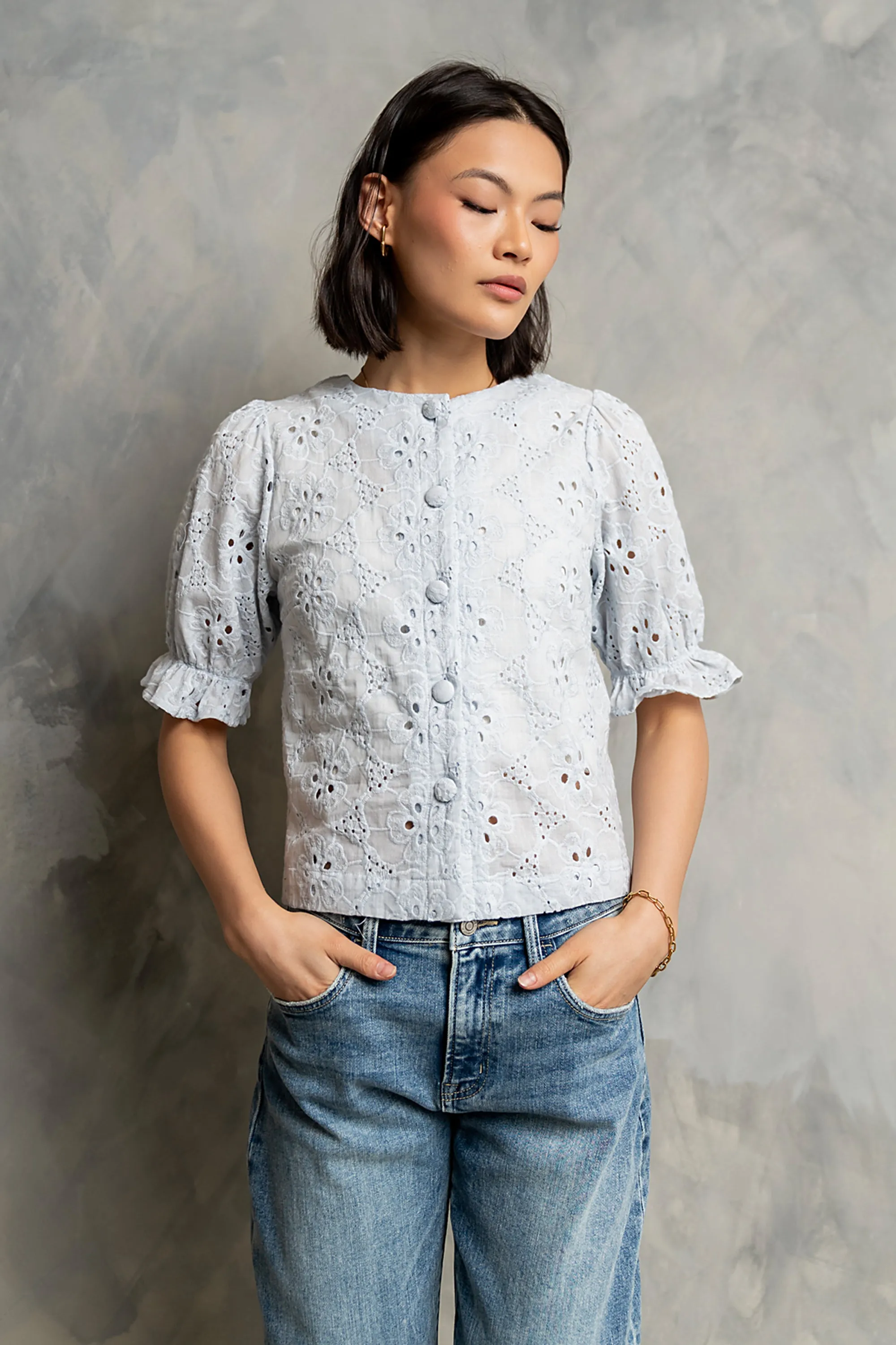 Cassidy Embroidered Button Up in Blue sold by bohme