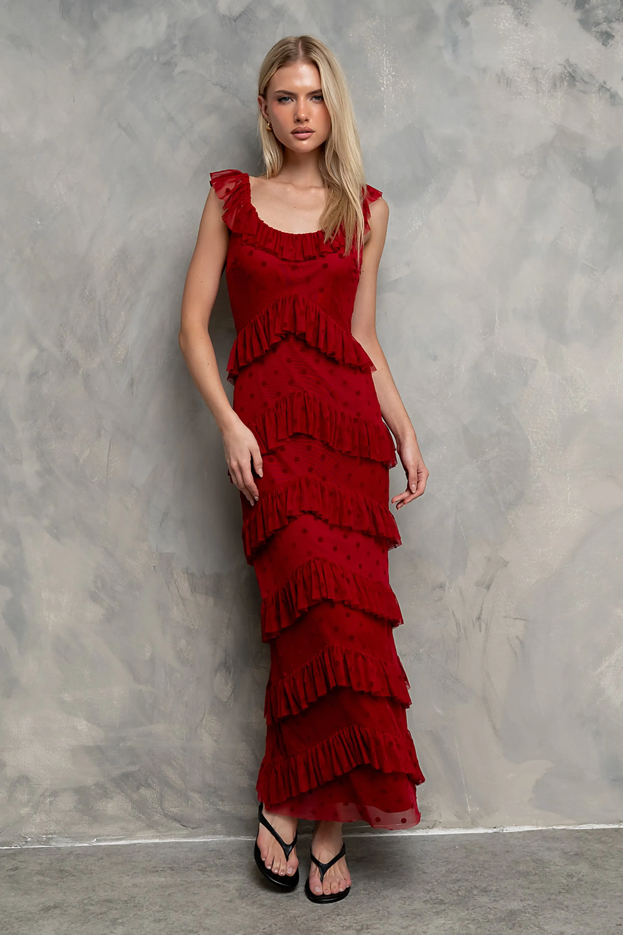 Katrina Tiered Maxi Dress in Red sold by bohme