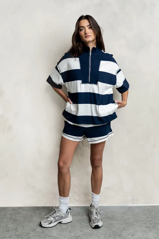 Farah Striped Quarter Zip Top in Navy made by bohme