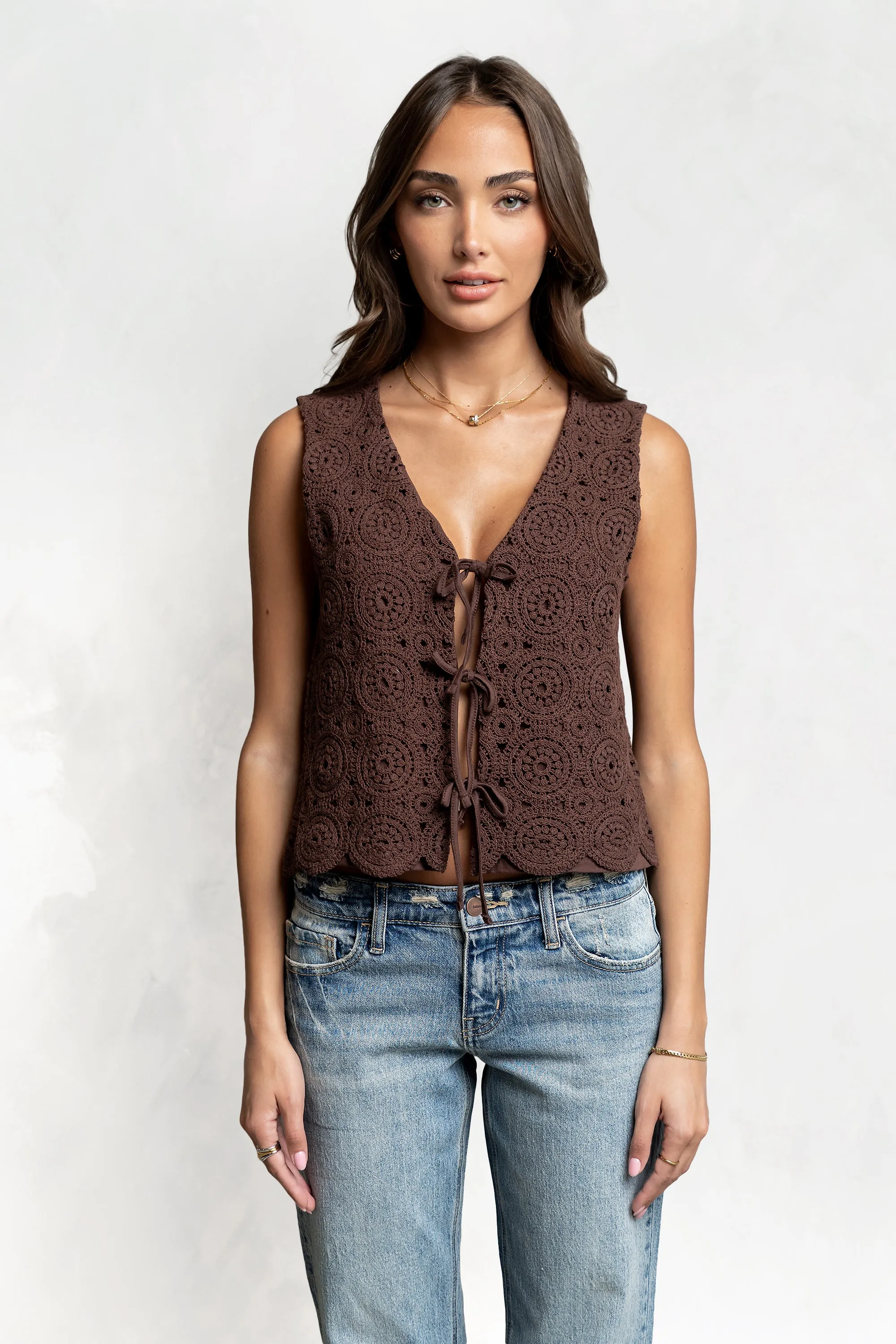 Brea Crochet Vest in Brown sold by bohme