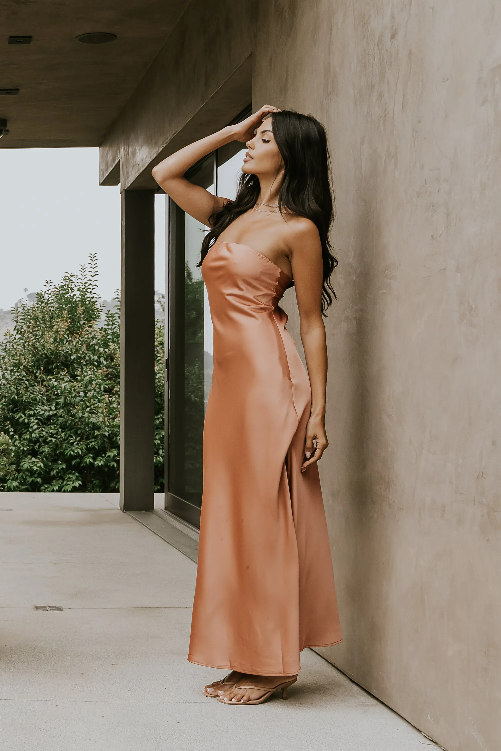 Ayla Satin Maxi Dress in Terracotta sold by bohme product image thumbnail 4