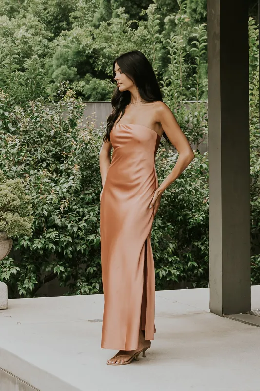 Ayla Satin Maxi Dress in Terracotta made by bohme